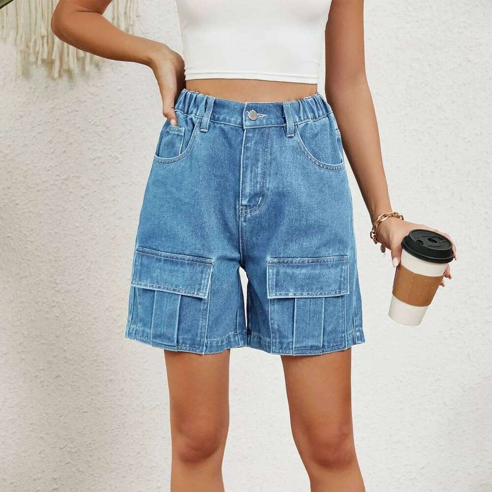 Jeans Women Cargo Pant Short Pants Slim Fit Casual Elegant Splice Denim Trousers Button Pocket Elastic Waist Solid Summer C260206