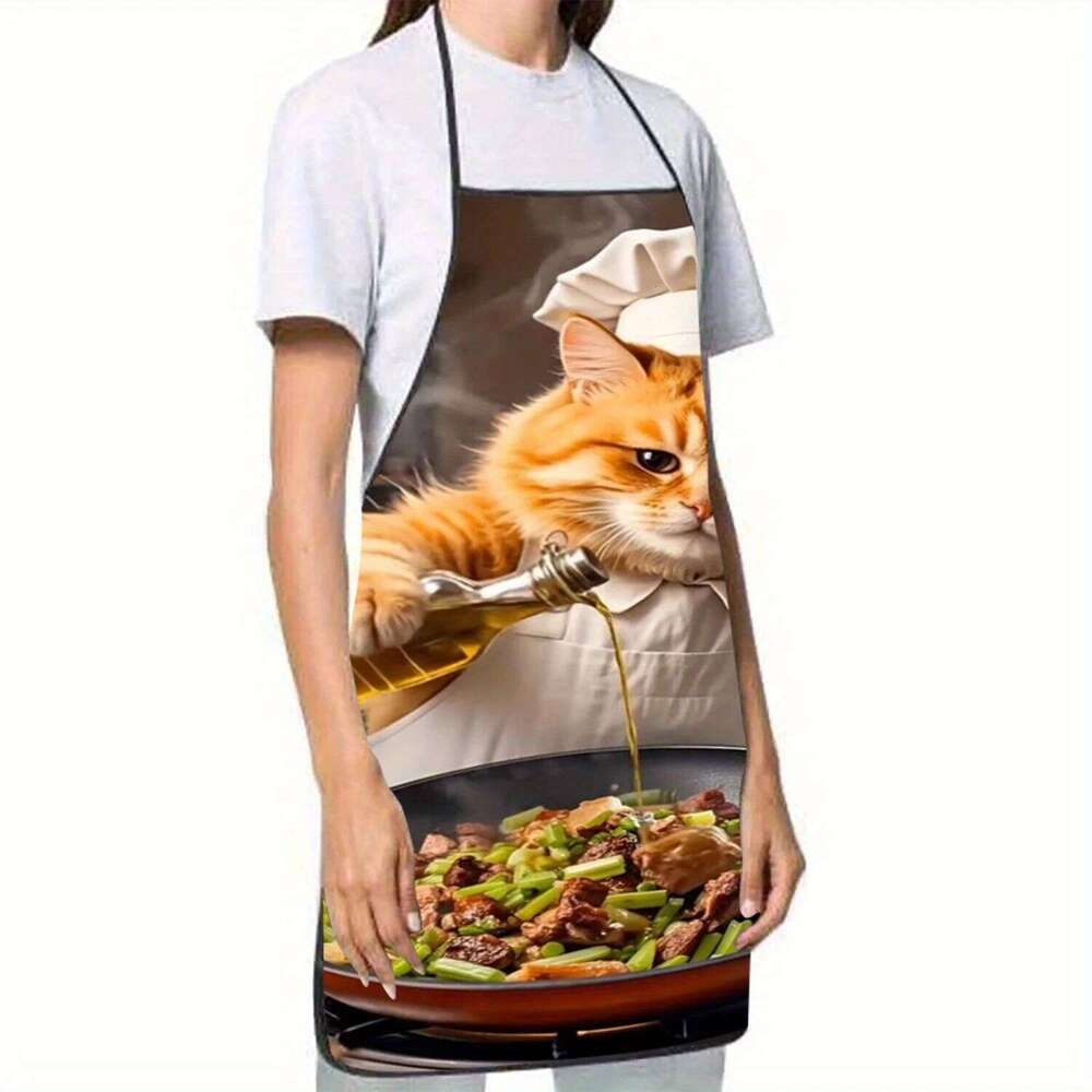1pc Whimsical Cat Chef Apron - Playful Orange Tabby Cooking Design, Polyester, Short Sleeve, Lightweight, Ideal for Home Baking S260205