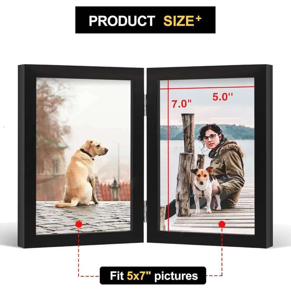 5x7 Double Picture Wooden Hinged Photo Frame Definition Glass Stand Vertically on Desktop or Tabletop Black S260205