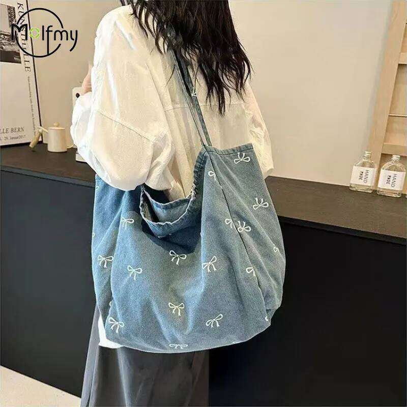 Cowboy Canvas Bag Ladies' Bow Versatile Tote Bags Large Capacity Casual Shoulder Handbag Travel Shopping Vacation Free Shiping Y260205