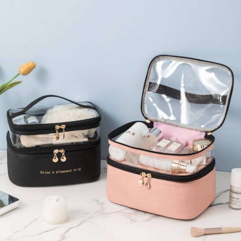 Cosmetic Double Transparent PU Portable Washing Big Capacity Makeup Waterproof Travel Toiletry Bag Storage Bags Y260206