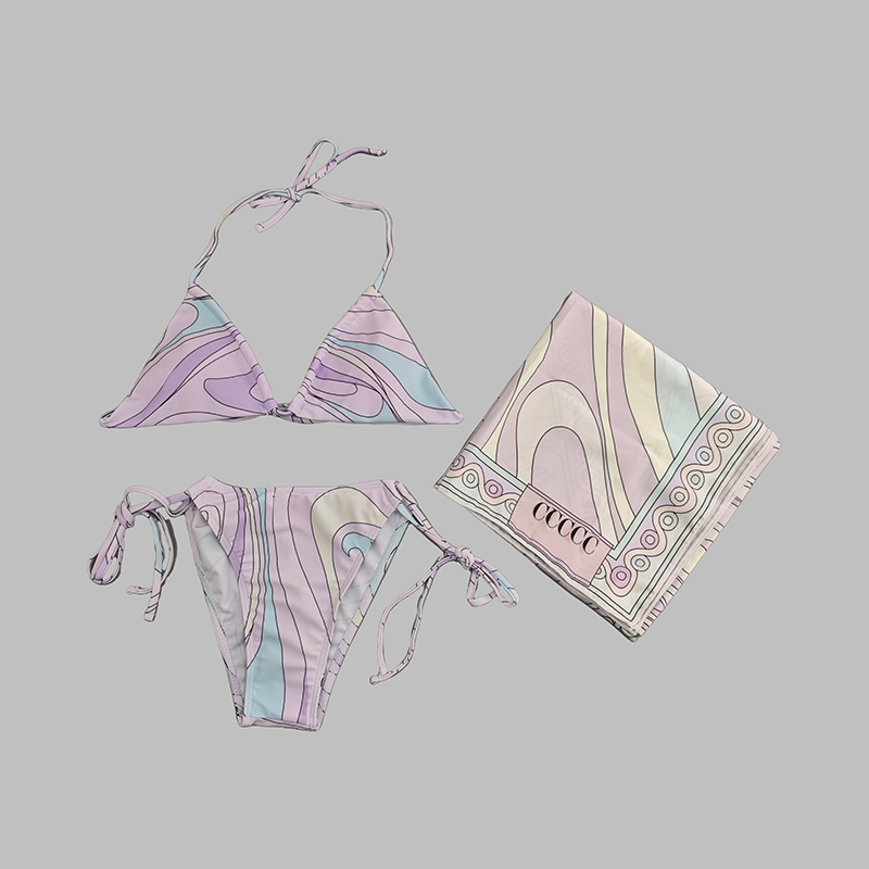 Women Brand Beach Wear Split Swimwear Color Blocked Bikini Set Breathable Backless Bathing Suit With Scarf