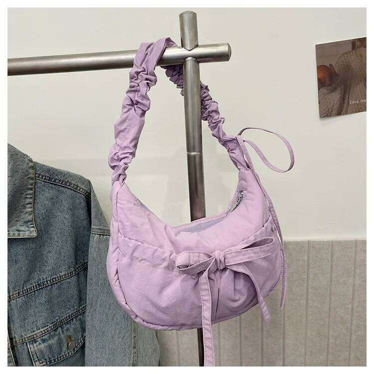 Pleated Strap Women's Sweet Bow Shoulder Bag Solid Color Female Underarm Bags Soft Nylon Ladies Portable Tote Purse Handbags Y260205