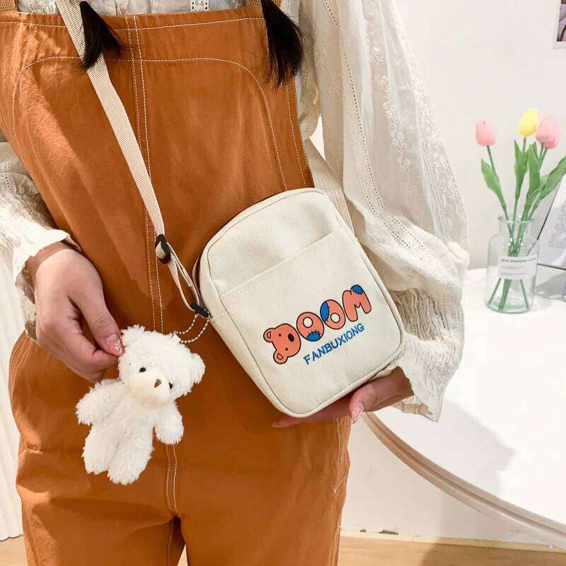 Cute Cartoon Bear Print Canvas Shoulder Crossbody Bags Student Messenger Girls Women Fashion Small Satchel Travel Phone Bag XJ260129