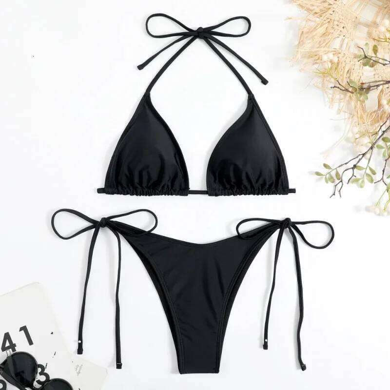 Sexy Women Thong Solid Color Bikini Set Side Halter Tie Swimsuit Ladies Split Strap Adjustable Brazilian Swimwear Beachwear Z260206