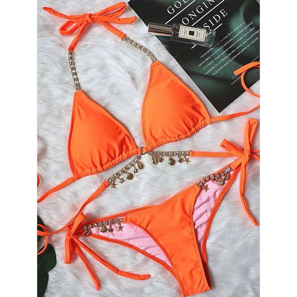 2025 Sexy Crystal Diamond Swimwear Women Swimsuit Chain Bandage Bikini Set Female Push Up Bathing Suits Summer Beach Wear XJ260206