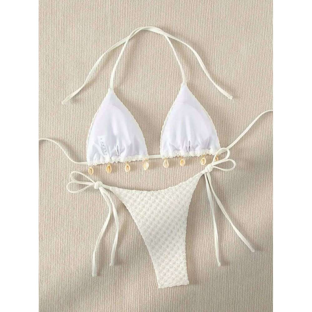 Sexy Bikini Set White Shell Swimsuit 2025 New Halter Push Up Micro Bikinis Summer Bathing Suit Tie Side Thong Swimwear Z260206