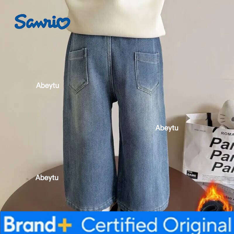Sanrio Hello Kitty Jeans Fleece Lined Girls and Kids Autumn Winter Season New Style Casual Loose Fit Fashionable Denim Pants H260206