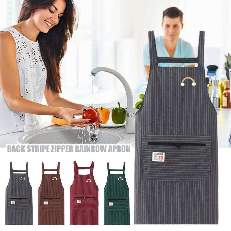Kitchen Oil Aprons Striped Zippered Cotton With Straps Breathable Apron Women's Dirt Resistant Work Clothes S260205