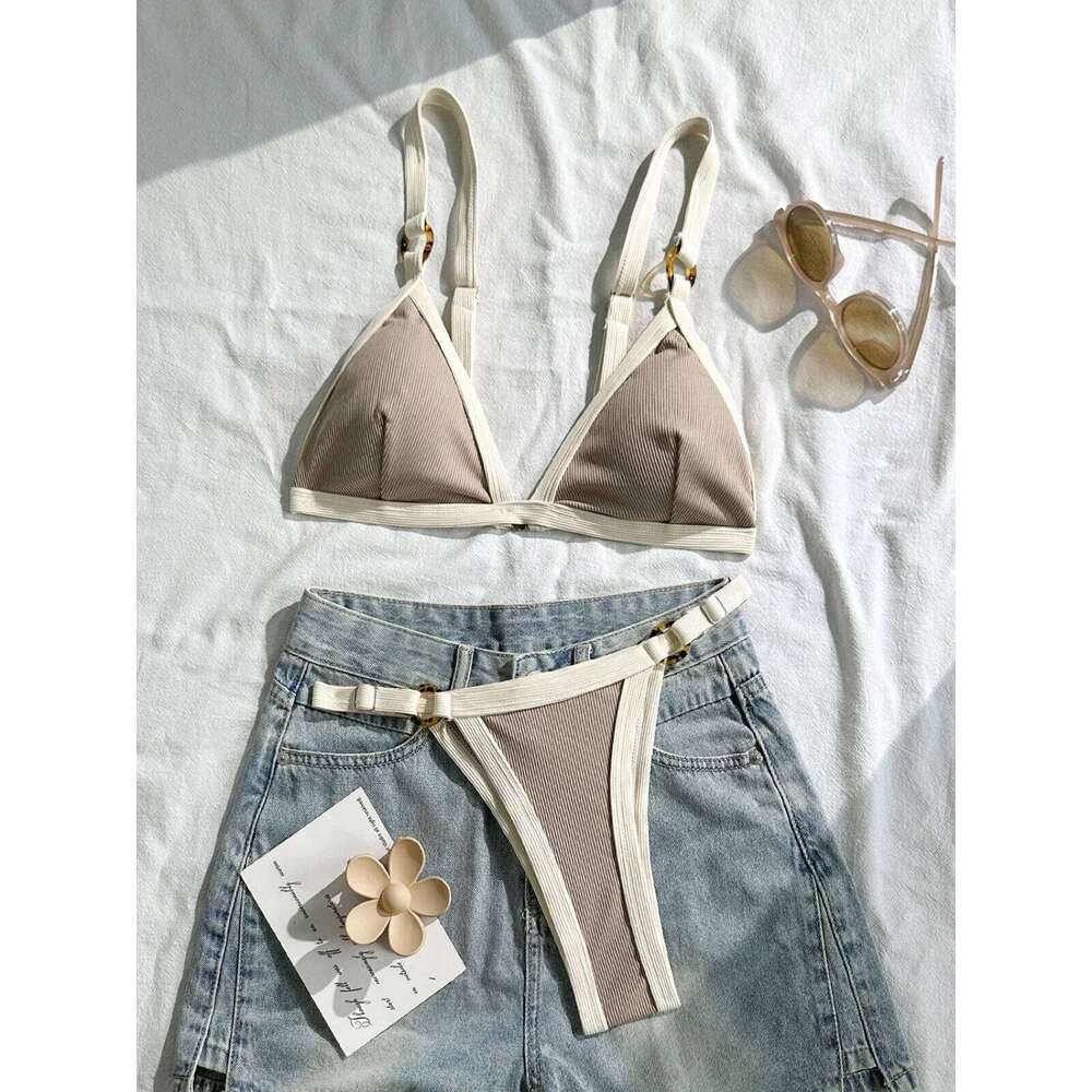 Sexy Khaki Patchwork Micro Bikini 2026 Women Brazilian Push Up Bra Metal Circle Thong Swimsuit Bathing Suit Holiday Swimwear XJ260206