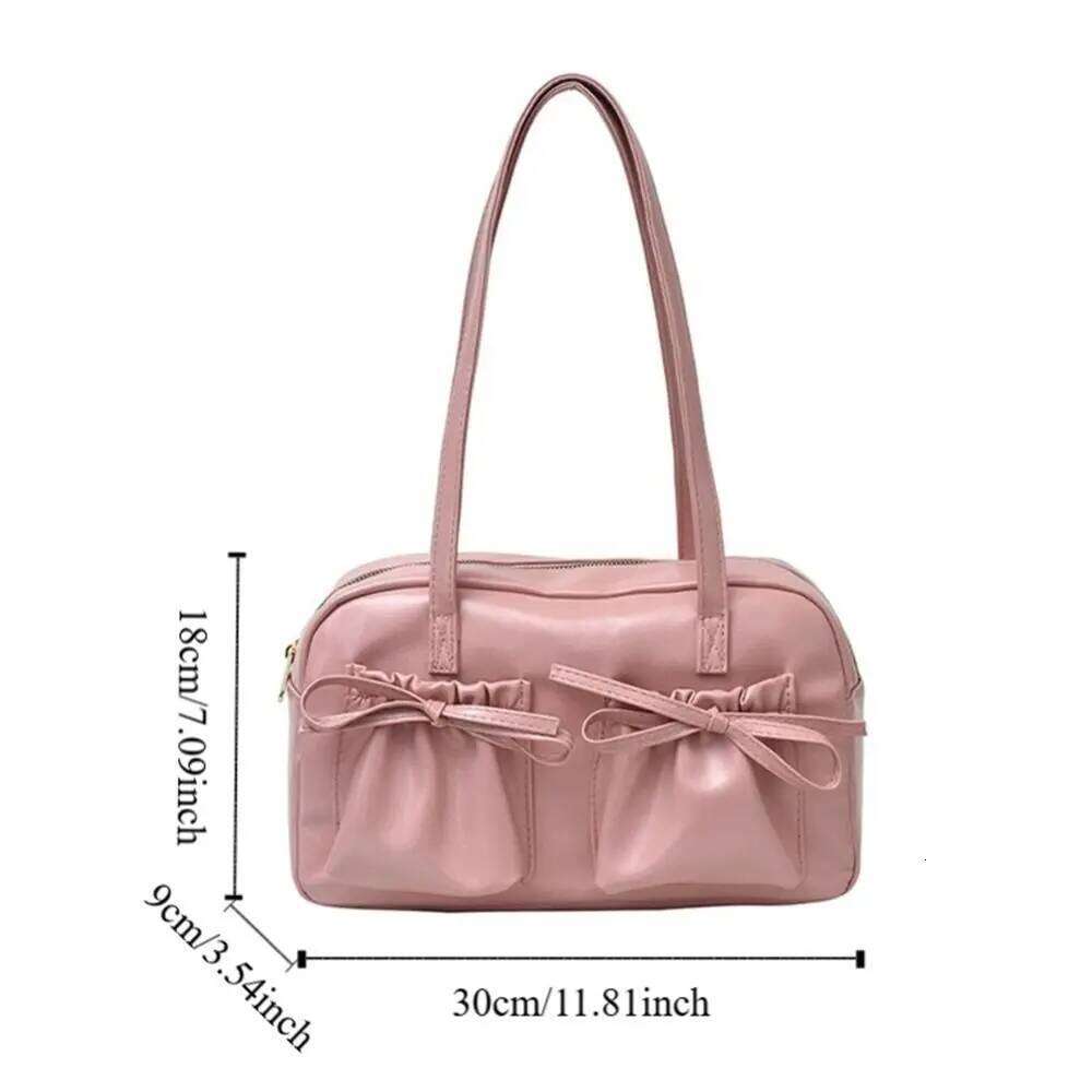 Cute Designer Ribbons Bowling Tote Korean Large Capacity Bow Tie Shoulder Bag Y2k Ballet Pu Leather Women's Handbag Girls Y260205