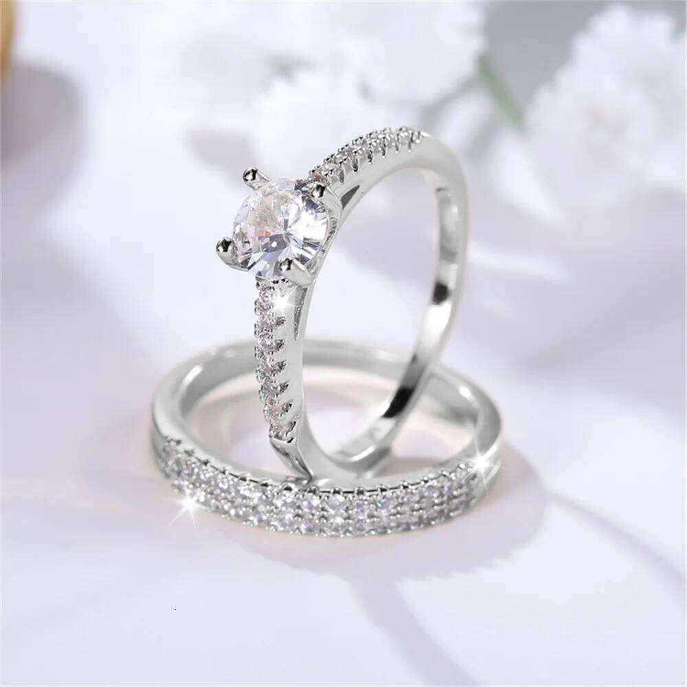 Luxury Female 2pcs Small Round White Zircon Stone Ring Set Promise Gold Color Wedding Engagement Jewelry For Women W260206