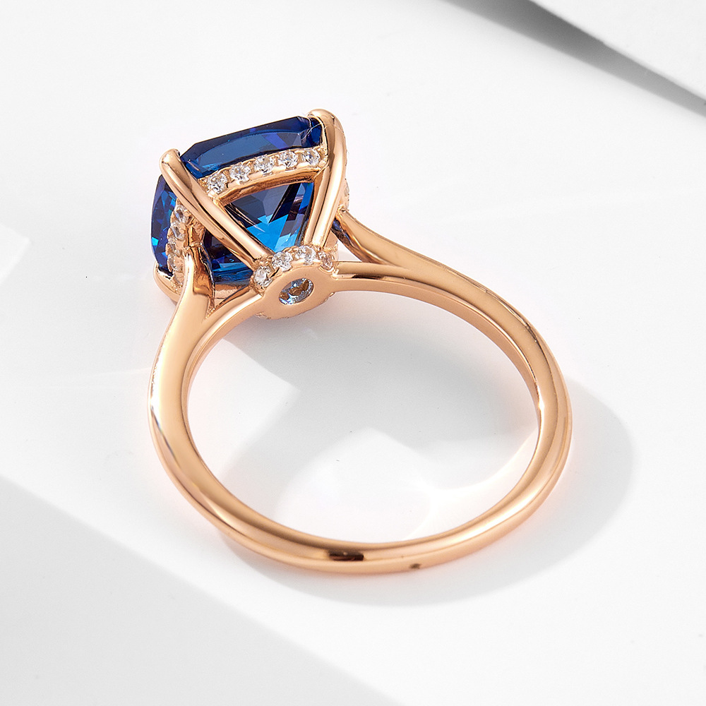 Blue pillow-shaped 10*10 zircon sterling silver rose gold plated for women, luxury colored gemstone quality ring jewelry