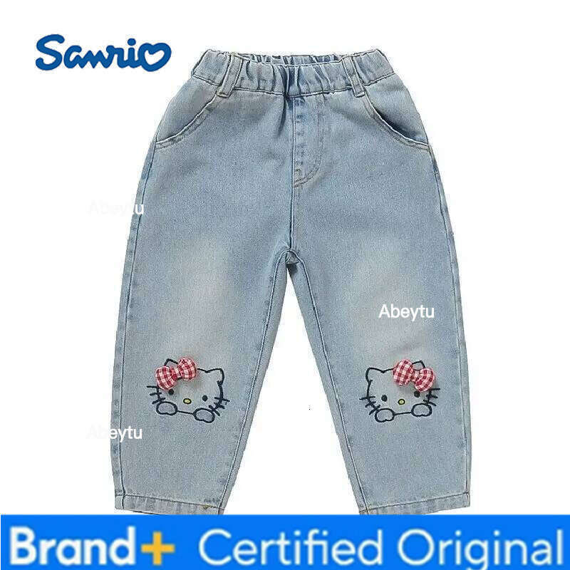 Sanrio Spring Autumn Girls Denim Pants Fashion Cartoon Hello Kitty Loose Straight Casual Trousers For 2-8 Years Kids Children Clothes H260206