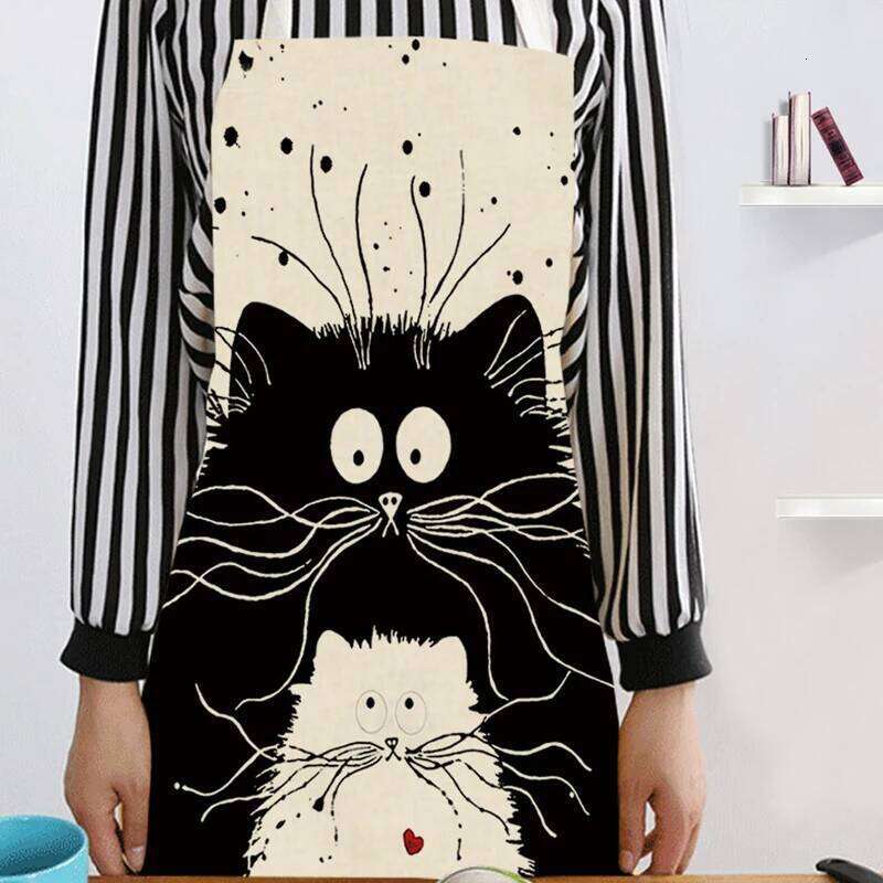 Cotton Linen Cute Cartoon Cat Waterproof Sleeveless For Men Women Kitchen Cooking Apron Cleaning Baking Accessories S260205