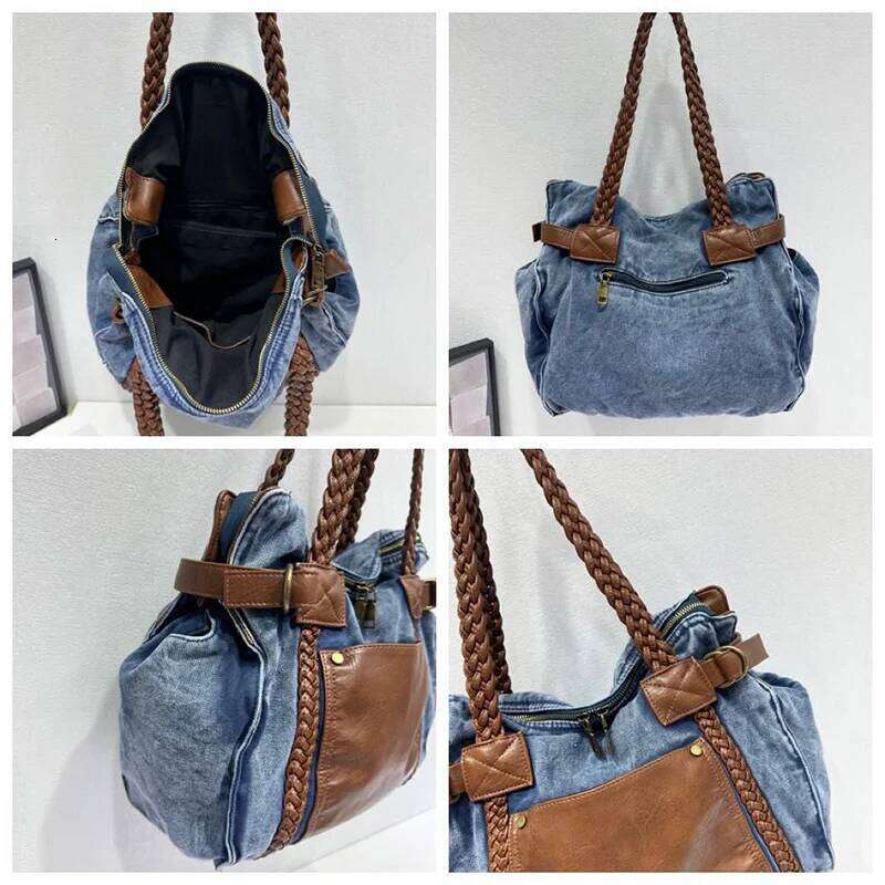 Washed Denim Shoulder Bag,Women Large Capacity Vintage Tote Bag,Effortless Chic Casual All-Match Contrast Color Splicing Handbag Y260205