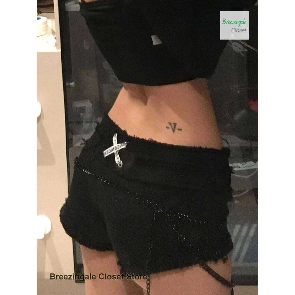 American y2k plus size washed ribbon cross-burr denim shorts women's summer new spice girls low waist slim slimming hot pants. XJ260206