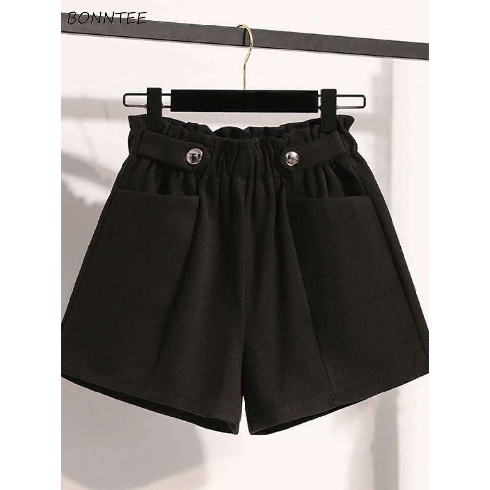 Woolen Wide Leg Shorts for Women Black Cozy High Waist Warm Soft Autumn Winter Gentle Office Lady Temper Versatile C260206