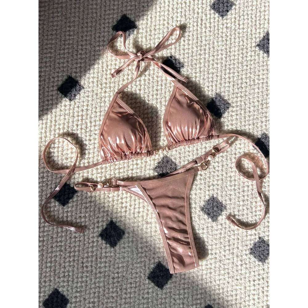 Shiny Pink Micro Bikini 2025 Mujer Women Sexy PU Pearls Push Up Thong Swimsuit Summer Bathing Suit Bandage Holiday Swimwear Z260206