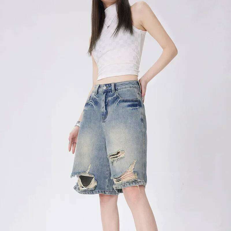 Denim Pants Women Shorts Distressed Knee Length Jeans Vintage Hole Ripped Wide Leg Jean High Waist Pockets Loose Casual C260206