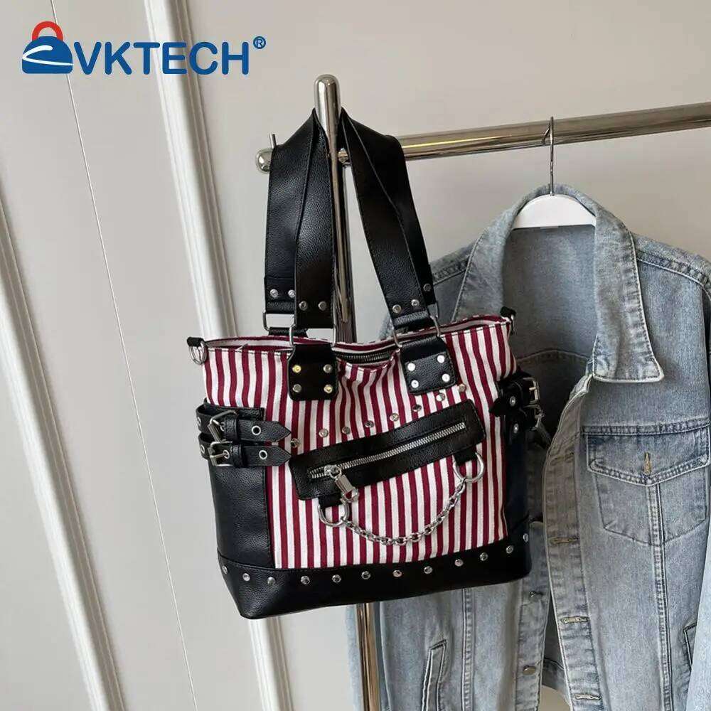 Women Rivet Shoulder Fashion Patchwork Large Capacity Canvas Tote Handbag Striped Adjustable Strap Cool Satchel Bag Y260205