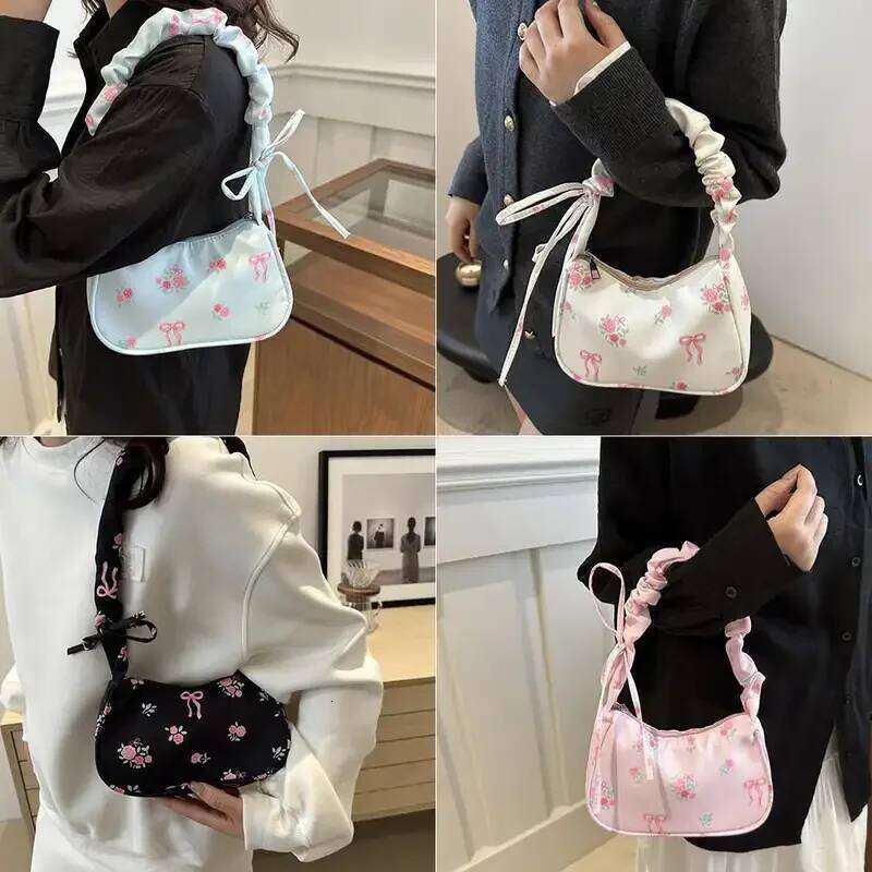Korean Style Women's Shoulder Bag Y2K Sweet Floral Bow Printed Zipper Tote Pleated Canvas Daily Handbag Y260205
