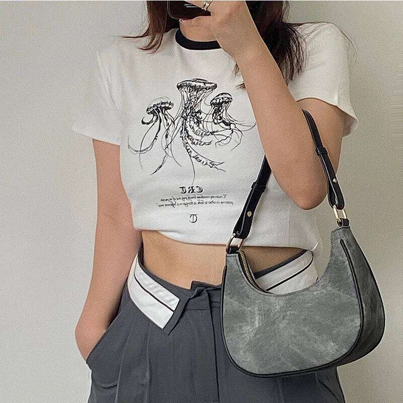 Casual Women Half Moon Underarm Bags Gray PU Leather Hobos Shoulder for Female All Match Ladies Crossbody Bag Purse Handbags Y260205