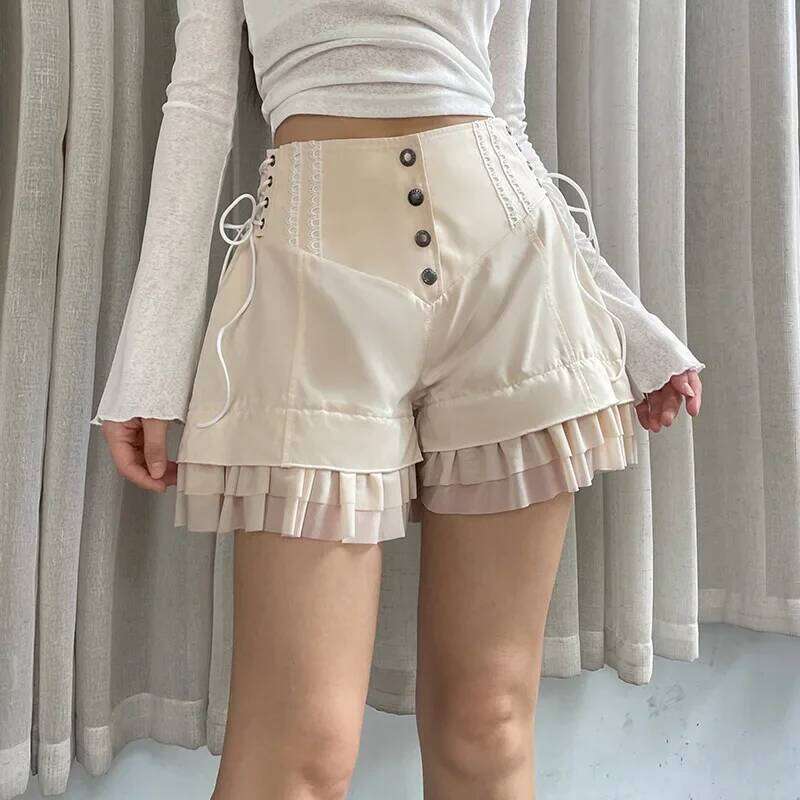 Vintage Sweet Bandage Ruffles Slim Solid High-Waisted Patchwork Shorts Women 2025 Summer Fashion Streetwear Lady XJ260206