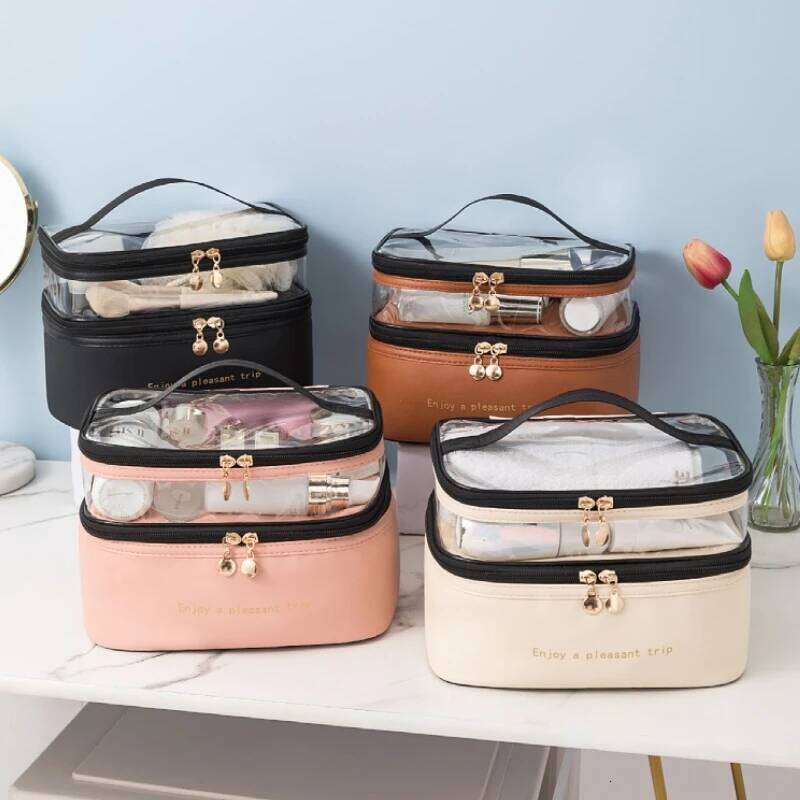 Cosmetic Double Transparent PU Portable Washing Big Capacity Makeup Waterproof Travel Toiletry Bag Storage Bags Y260206