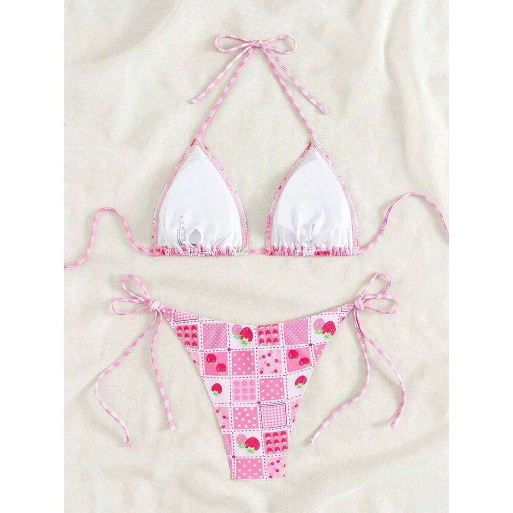 Swimsuit 2025 Female Micro Women Swimwear Summer Beachwear Women's Bathing Suit Floral Print Neck Halter Thong Bikini Set Z260206