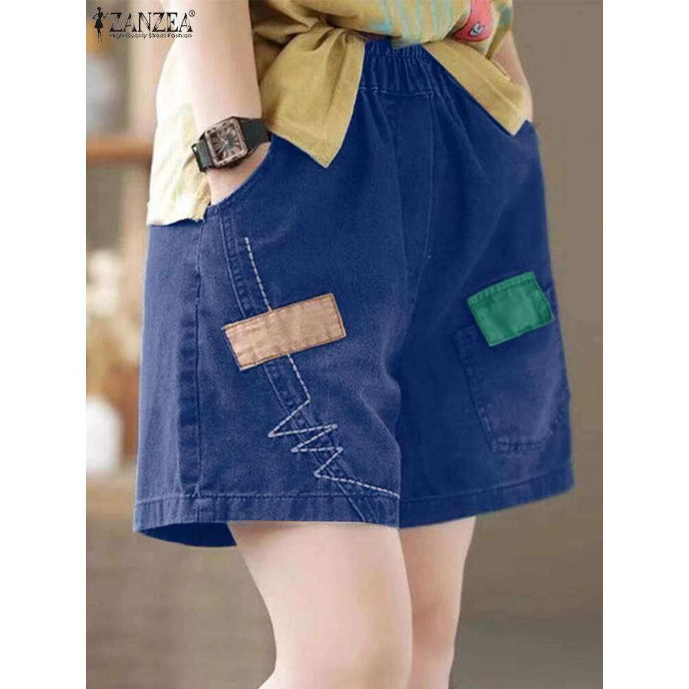 2025 ZANZEA Fashion Women Shorts Summer Casual Elastic Waist Baggy Trousers Loose Work Pantalon Vintage Patchwork Holiday Pants C260206