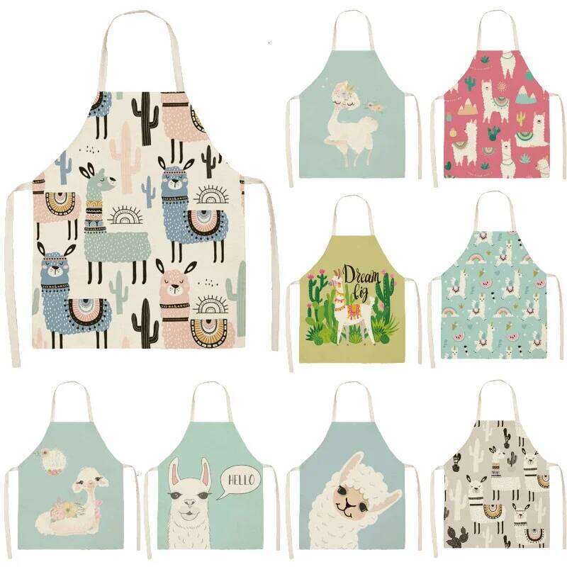 Llama Alpaca Cactus Printed Cotton Linen Sleeveless Aprons Kitchen Women Pinafore Home Cooking Baking Waist Bib S260205