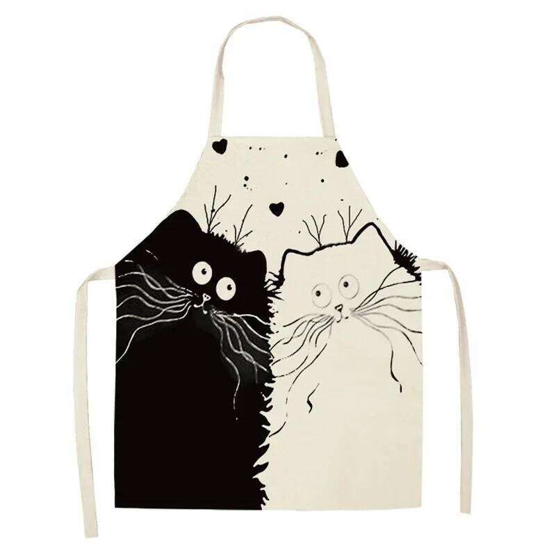 Kitchen Apron Cute Cartoon Cat Printed Sleeveless Cotton Linen Chef Aprons for Men Women Home Cleaning Tools Baking Accessories S260205