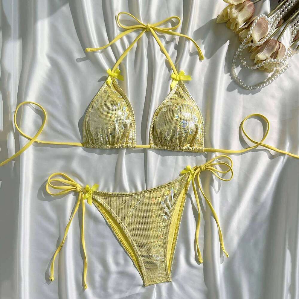 Purple Shiny Bow Swimwear Sexy String Halter Micro Bikini Thong Swimsuit Woman 2026 Bathing Suit Triangle Bikinis Sets De Mujer Z260206