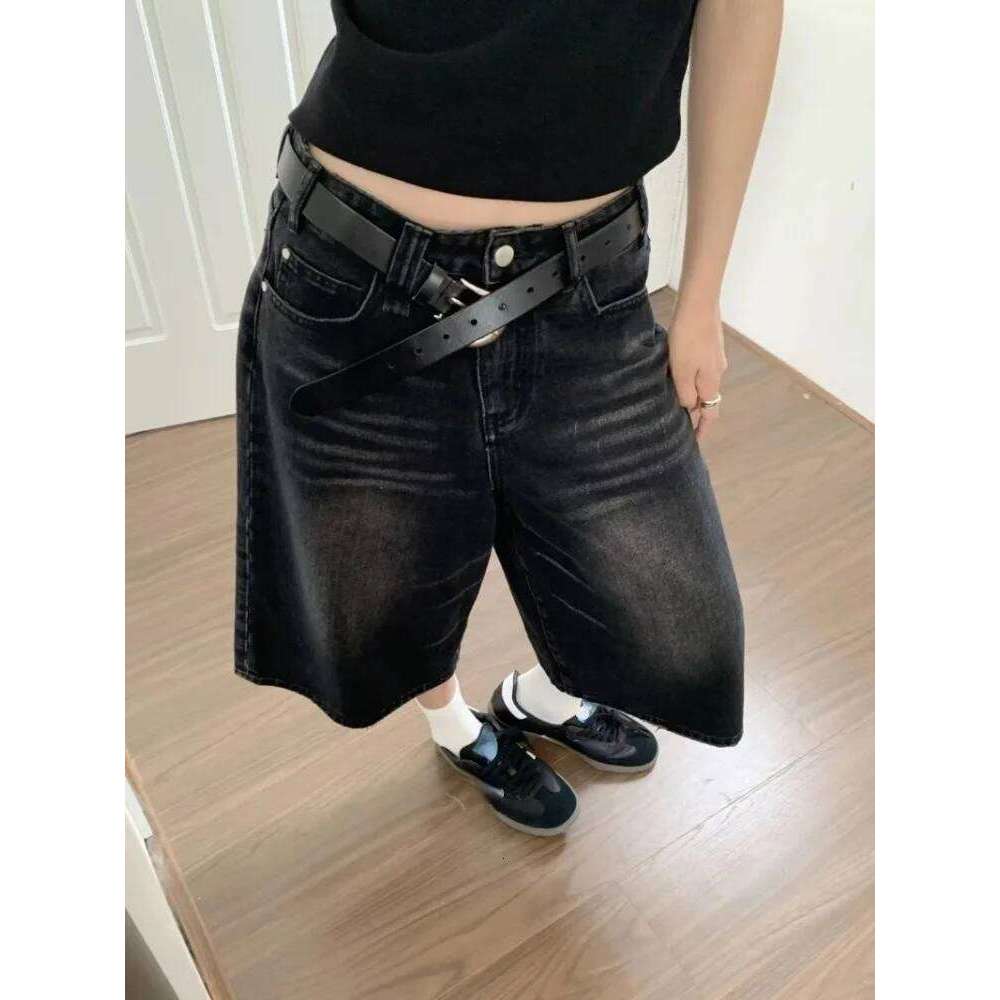2024 Y2k Retro Women Low Rise Jorts Brushed Black Wash Cropped Baggy Jeans Wide Leg Frayed Denim Short Pants Acubi Fashion XJ260206