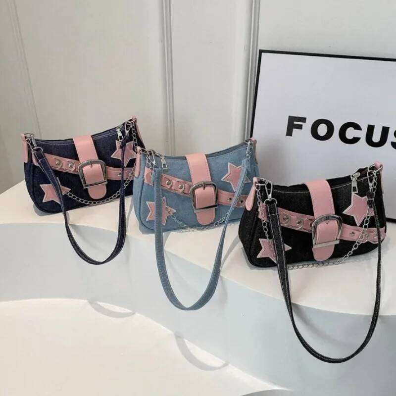 Y2k Cool Hot Girls Denim Shoulder Bags Vintage Rivet Star Women's Chain Underarm Bag Contrasting Color Female Portable Handbag Y260205