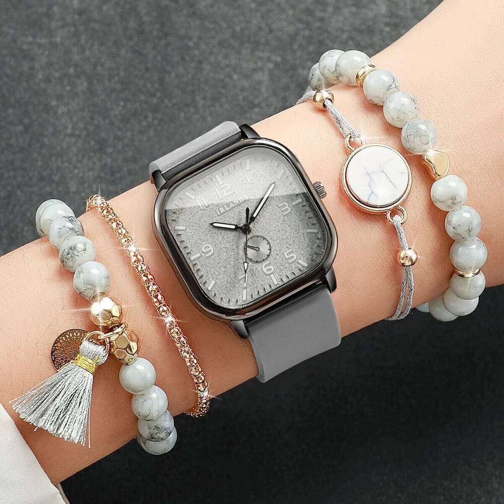 5PCS/Set Women Quartz Watch Fashion Square Arabic Dial Ladies Casual Silicone Strap Wristwatch Bracelets Set Reloj Without Box Z260206