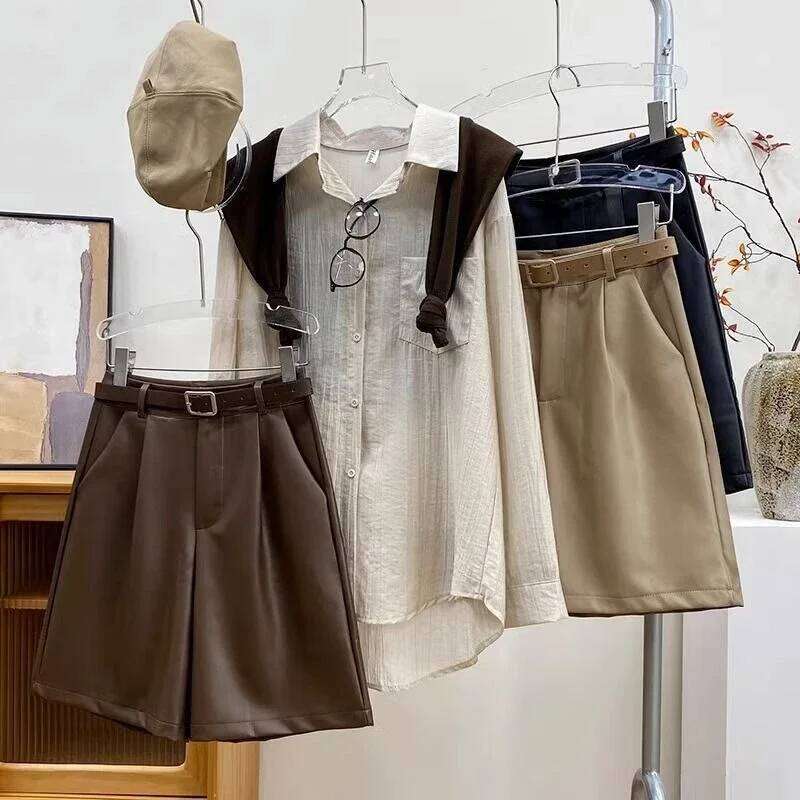 Women Shorts PU Leather Autumn Vintage BF Unisex Loose Wide Leg Bottoms British Stylish Chic Streetwear High Waist Smooth Simple H260206