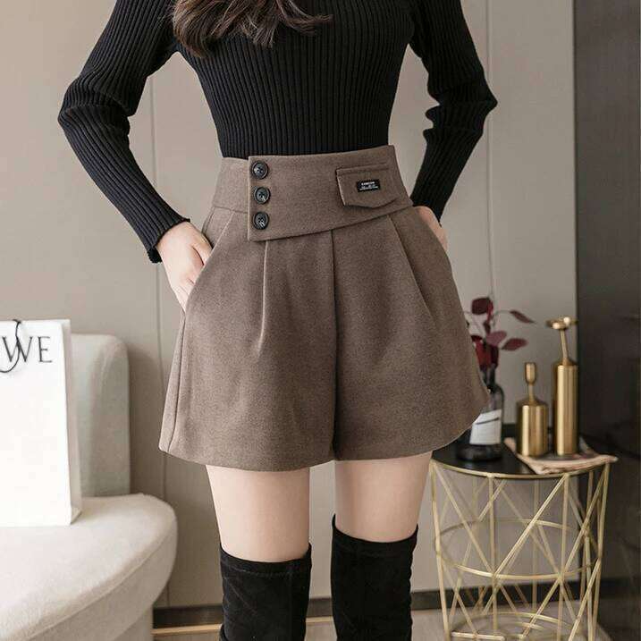 2025 Women Autumn Winter New Korean Loose Wide-leg Female Thicken Woolen Shorts Ladies High Waist Short Boots Pants L480 XJ260206