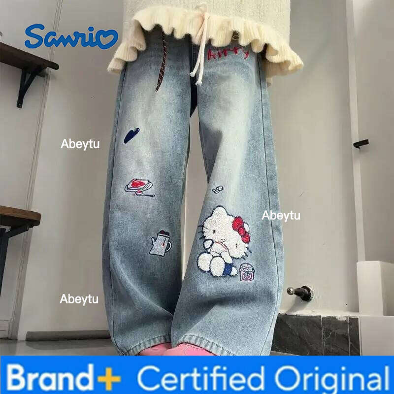 Sanrio Hello Kitty women's Embroidery Wide Leg Jeans Denim For Plus Size Retro Cartoon Style Slimming High Waist Trendy Fashion H260206