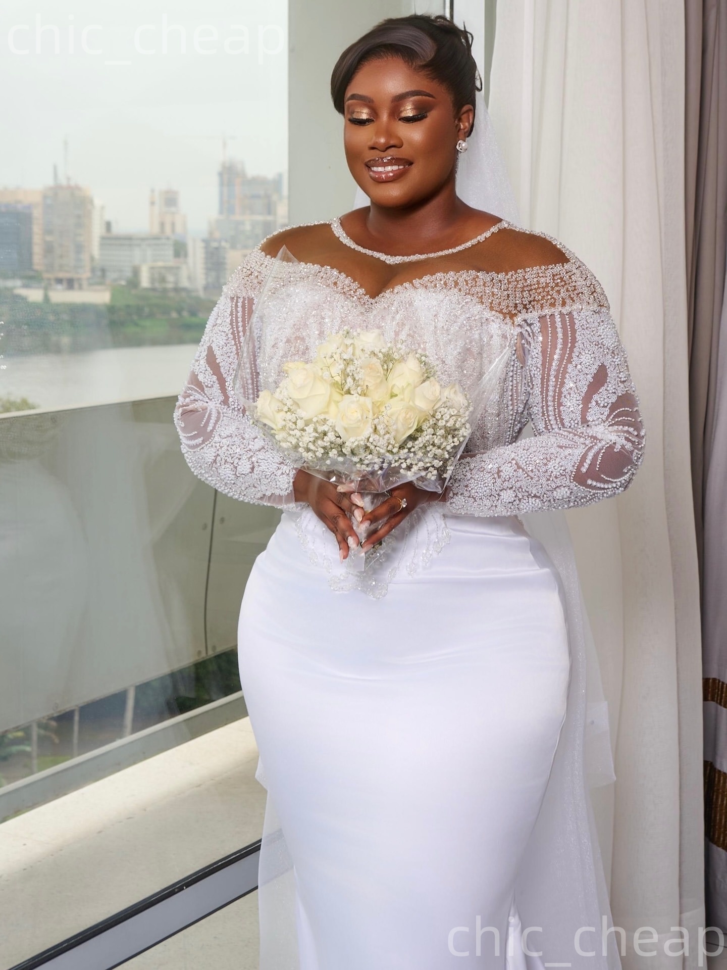 African Aso Ebi 2026 White Mermaid Wedding Dress Beaded Lace Sheer Neck Long Sleeves Satin Charming Elegant Bridal Gowns Dresses ZJ233w