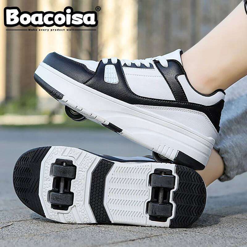 Boacoisa 4 Wheel Skate Shoes foy Boys Girls Walking Casual Outdoor Sports Slide Shrink School Students Pulleys Sneakers 26Y0206