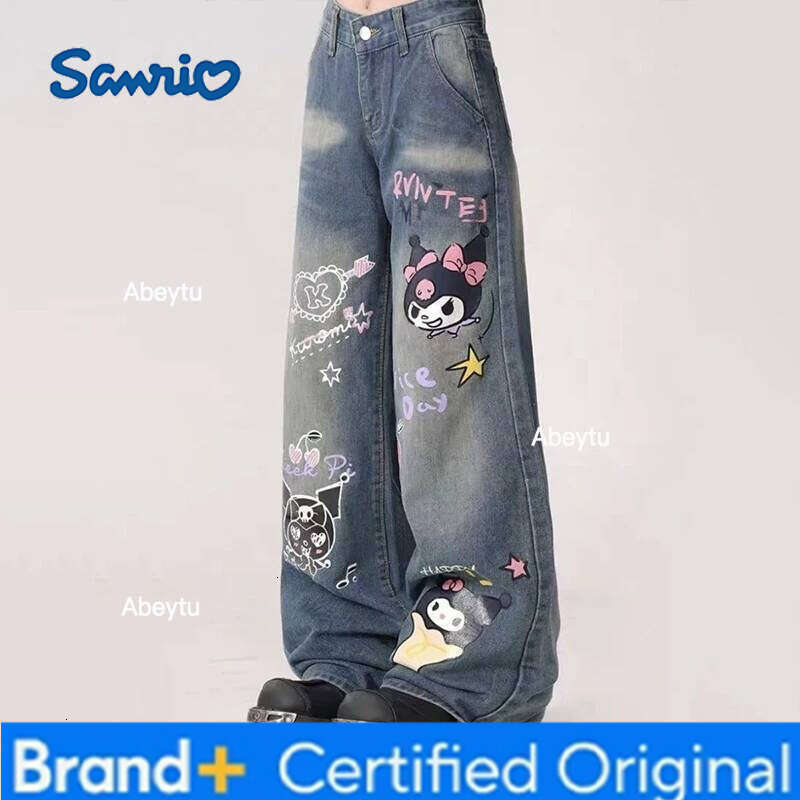 Sanrio Hello Kitty Kuromi Cartoon Pure Cotton Jeans Girl High Waist Fashion Leisure Graffiti Loose Retro Wide-Leg Pants Birthday Gift H260206
