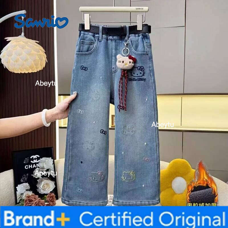 Sanrio Hello Kitty Jeans Girl Kids Kawaii Casual Fashion Cute Warm Autumn and Winter Student Loose Pants Children's Clothing H260206