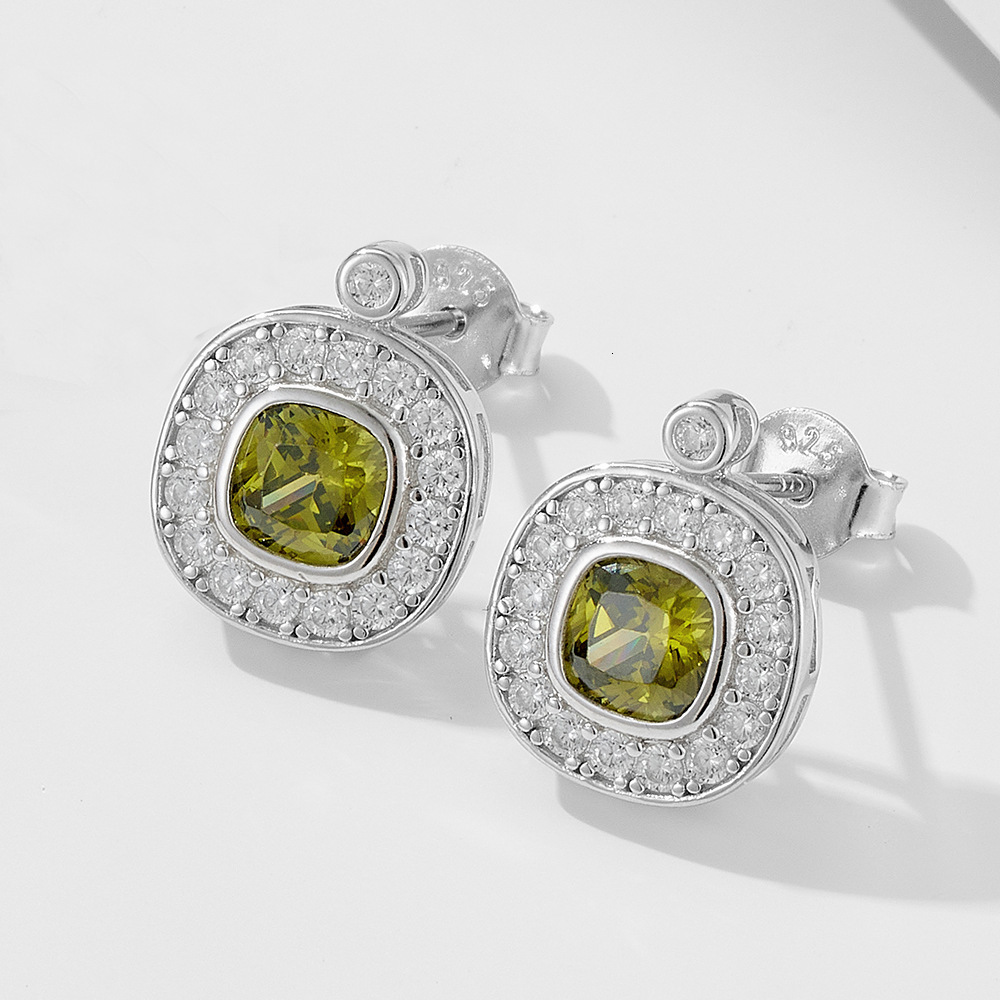 S925 Sterling Silver Vintage Palace Style Olive Green Zircon for Women Simple Geometric Oval Inlaid Diamond Earrings