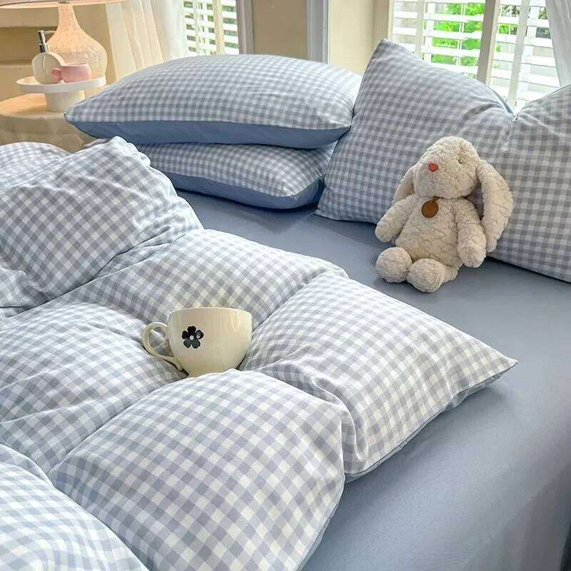 Green Nordic Bedding Set Ins Plaid Girls Boys Double Queen Size Duvet Cover Flat Sheet Pillowcase New No Filler Bed Linens XJ260206