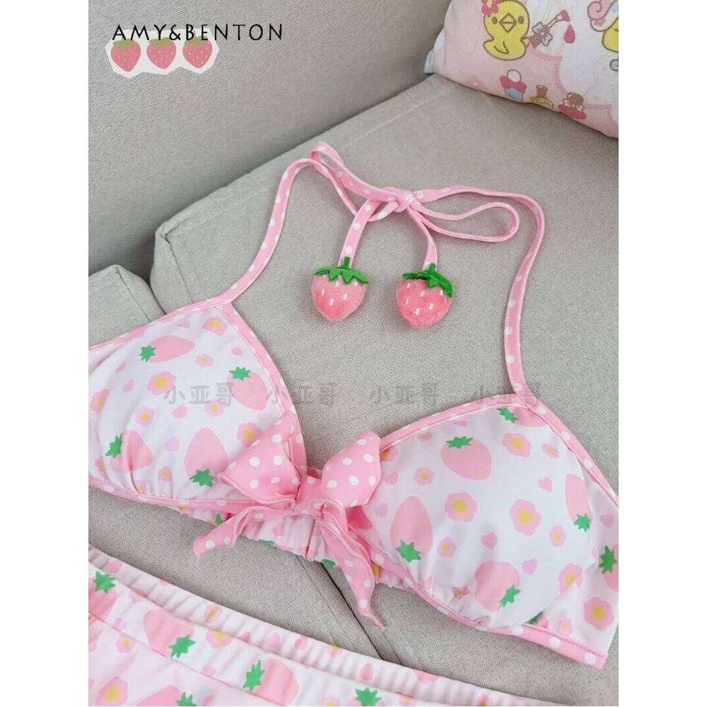Kawaii Cartoon Strawberry Print Two-Piece Skirt Swimsuit Cute Princess Style Beach Swimwear Sweet Girl Sexy Bikini Set XJ260206