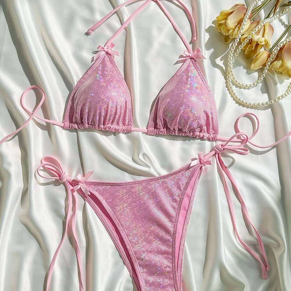 Shiny Pink Micro Bikini Set 2025 Mujer Sexy Push Up Thong Swimsuit Summer Bathing Suit Bandage Holiday Swimwear Women Z260206