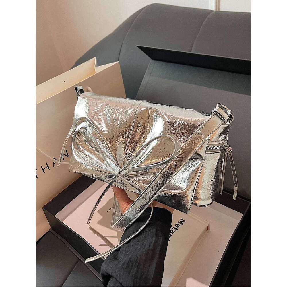 Fashion Lacquer Bright Bow Fold Leather Pattern Single Shoulder Casual Simple And Versatile Personalized Women Bag Y260205