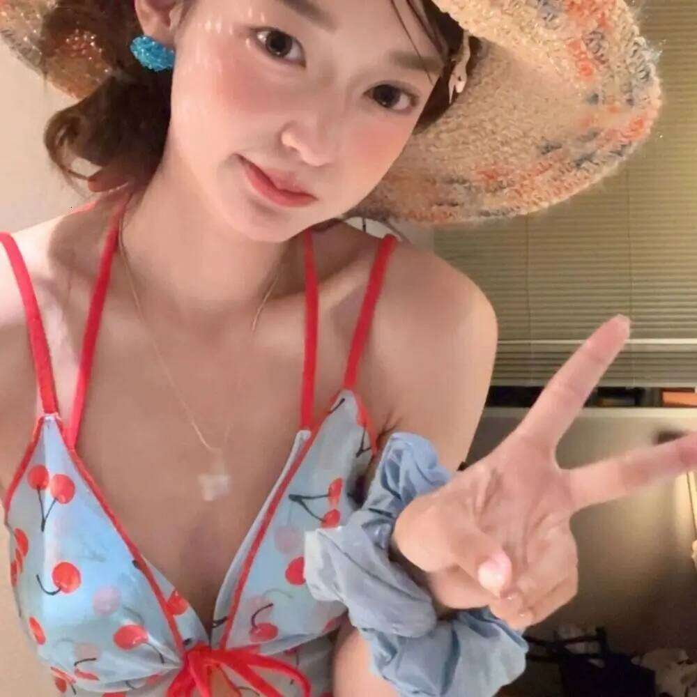 Desire Pure Color Cherry Bikini Set V Neck Push Up Sexy Swimwear Wrap Skirt Print Pattern Bathing Suit Korean Style Z260206